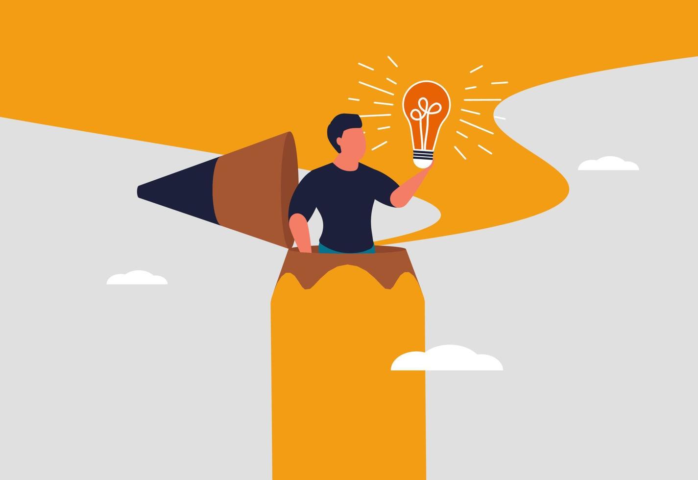 Creative person and creative idea. A young man opens up an idea and his imagination. Inspiration for creative people. The man is holding a light bulb. Vector illustration