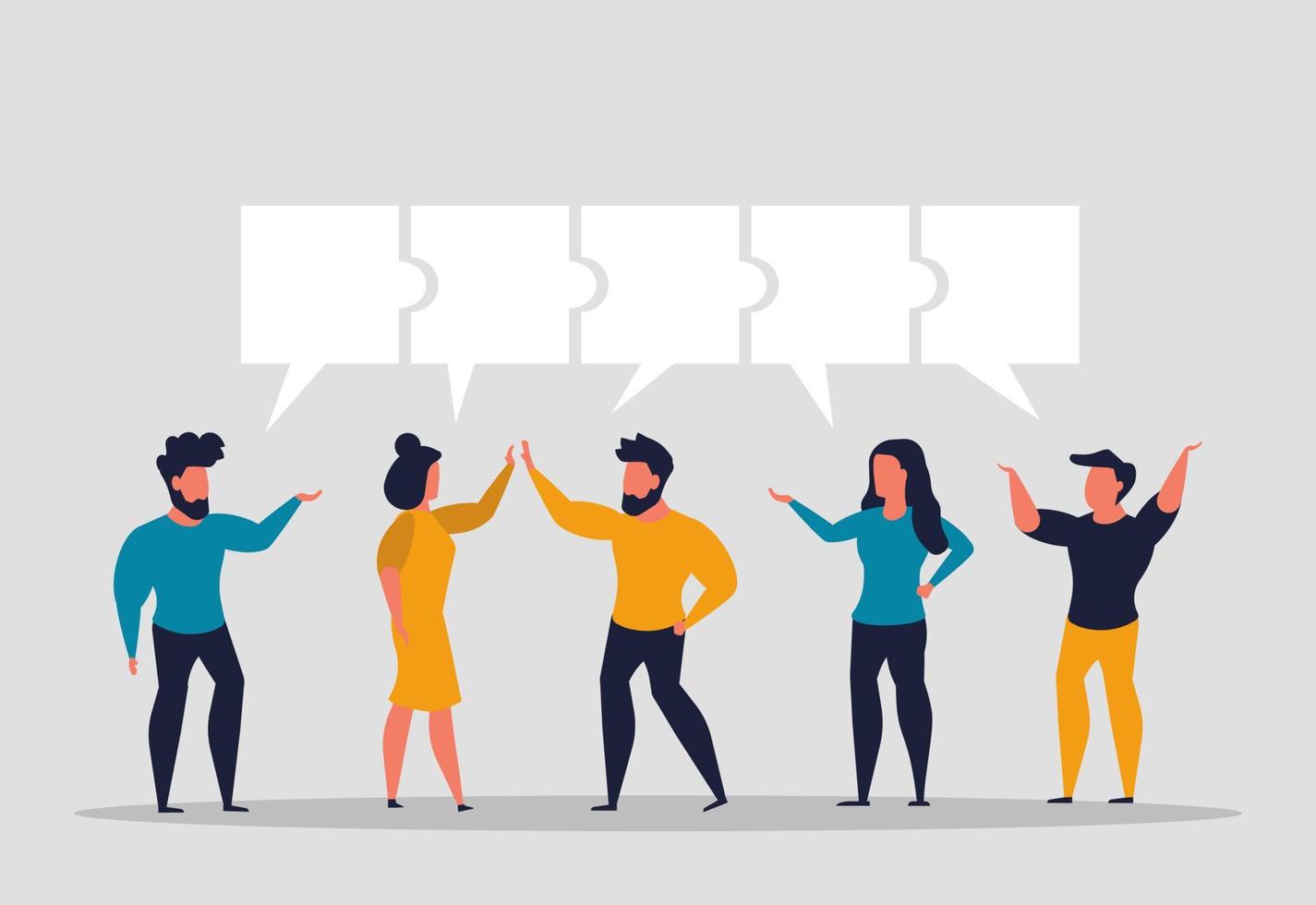 Conversation and communication of employees as one mechanism. Discussing solutions and looking for answers to questions. Business people partnership together. Vector illustration