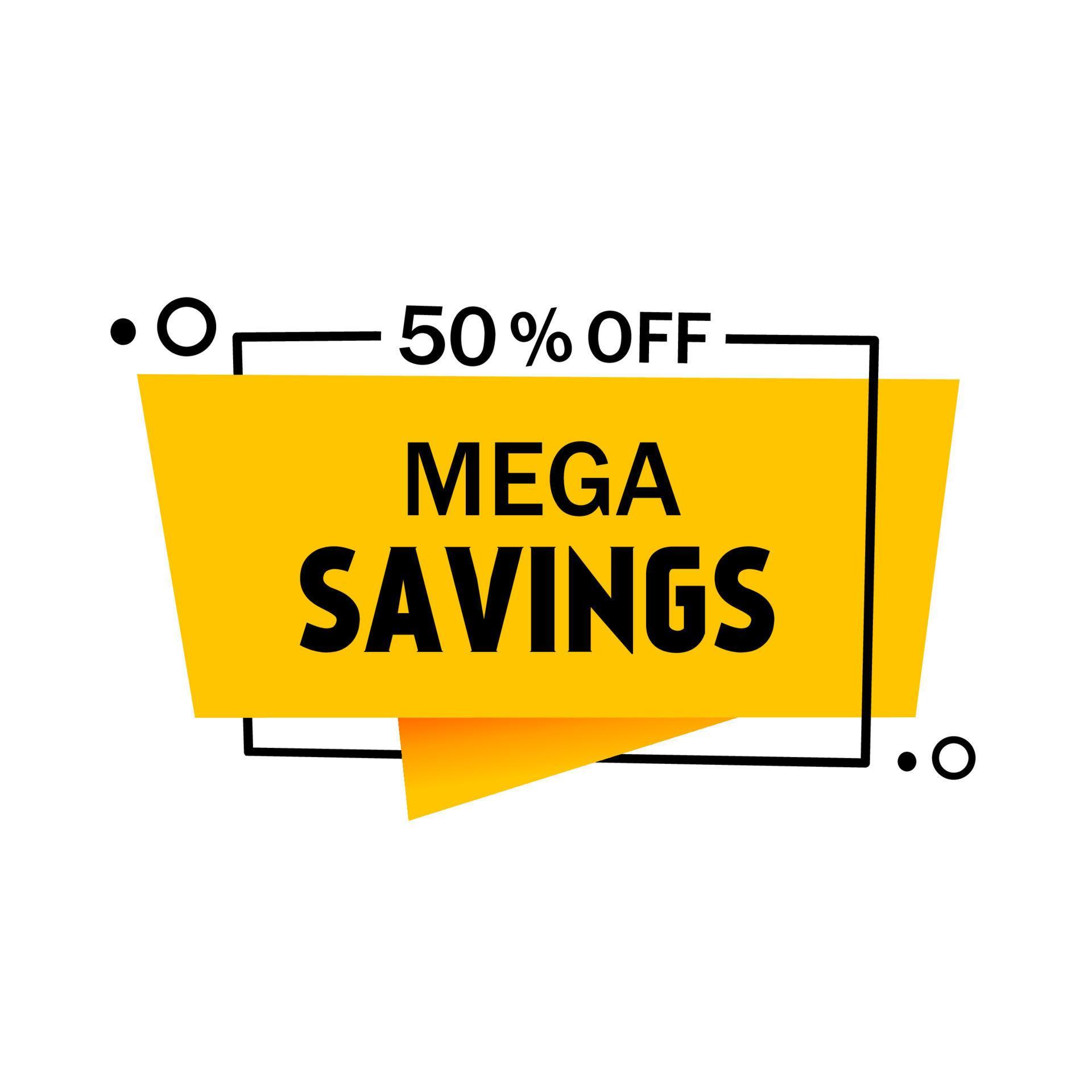 Mega Savings 50 percent Off banner design. Colorful Modern Web Element