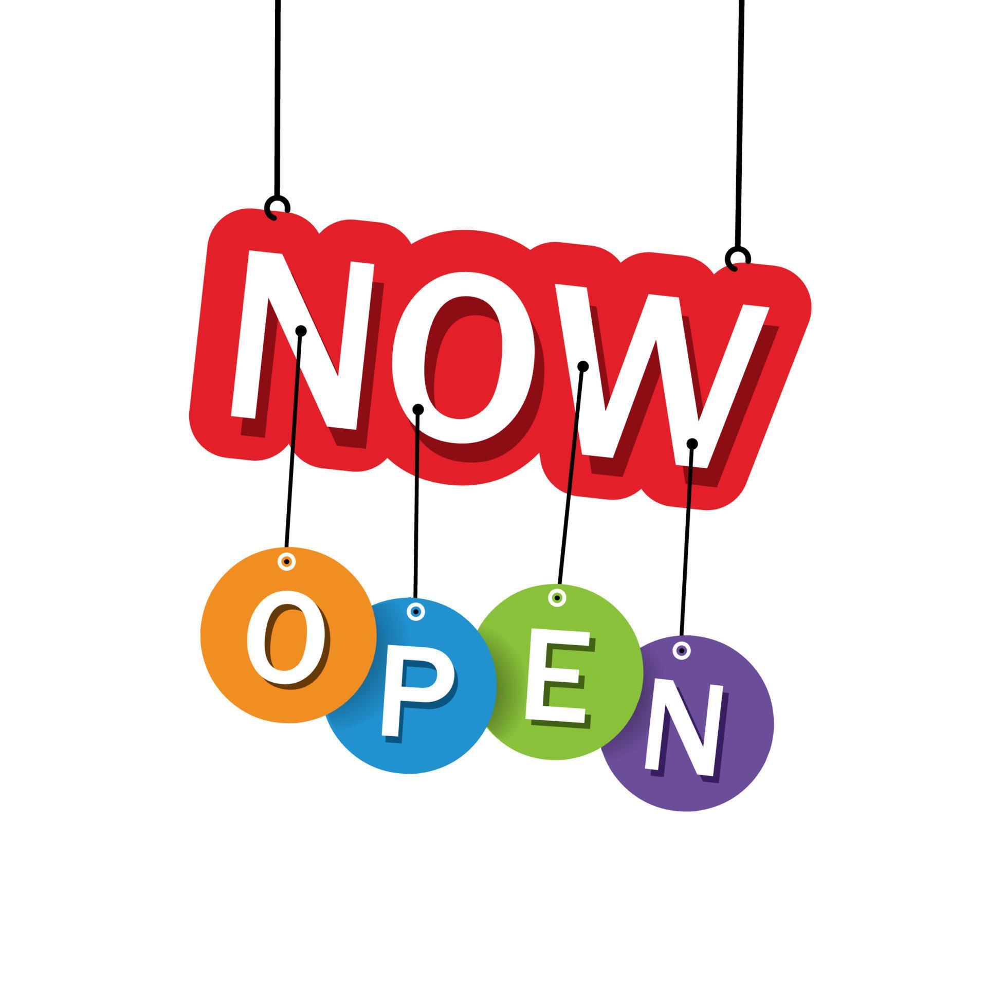 Now open banner design. Flat vector illustration. store badge. 23208422