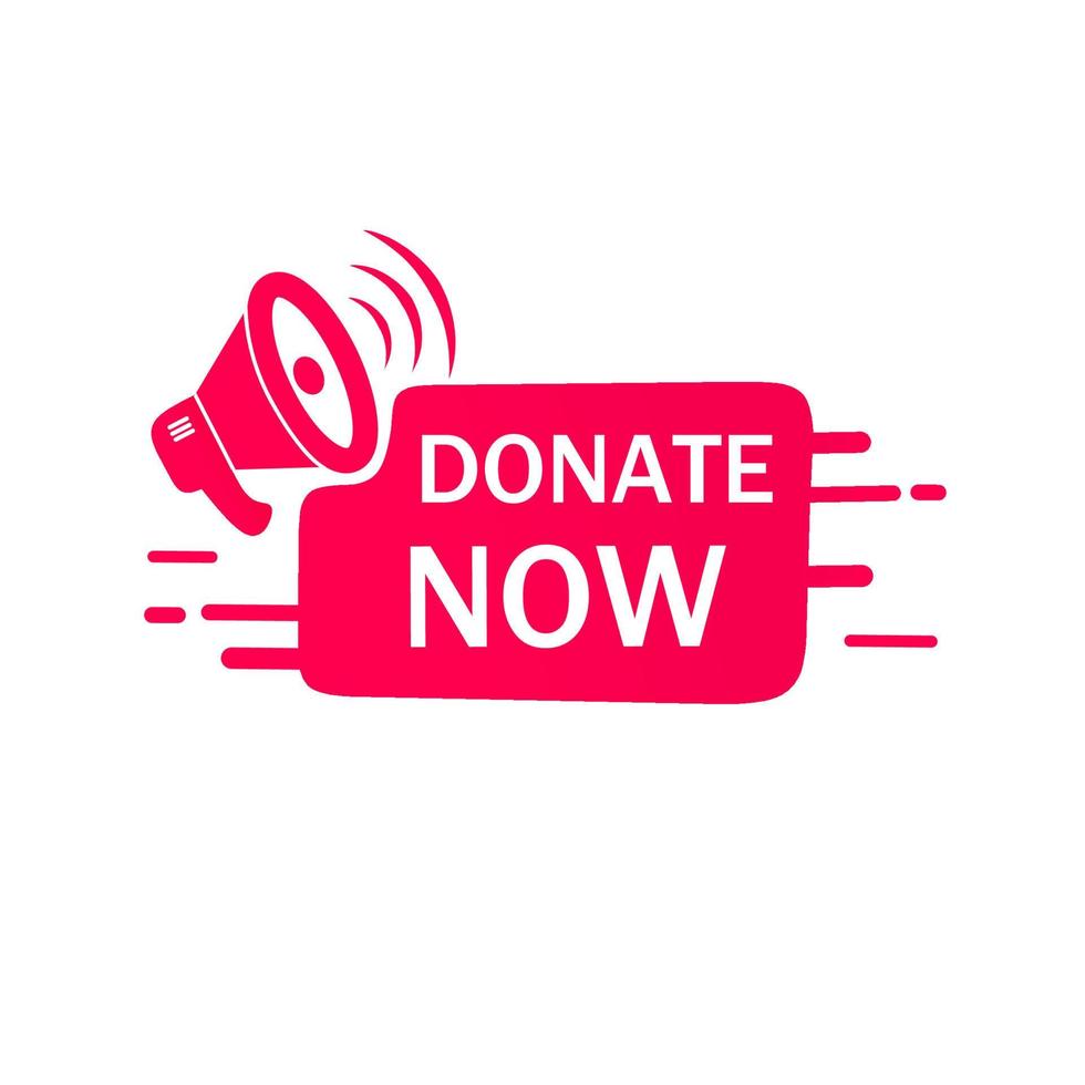 Donate now. Text on banner with megaphone icon. Flat Vector design icon. web element.