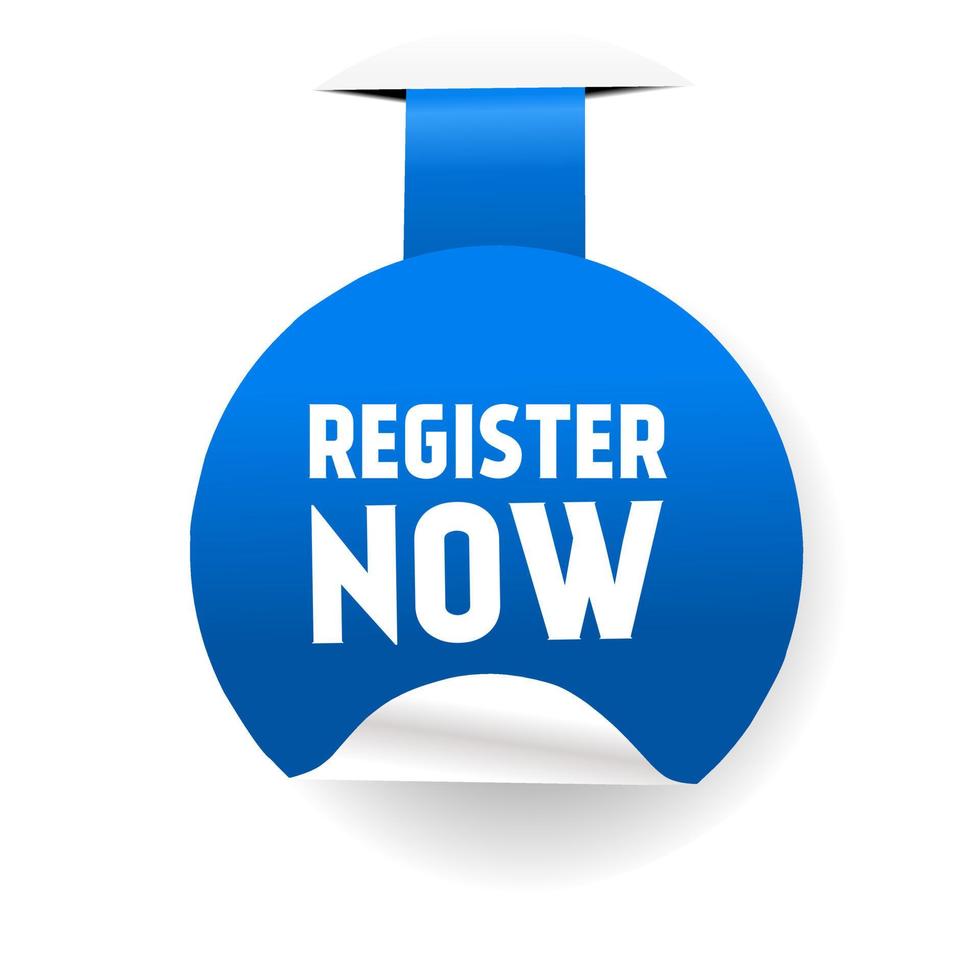 Register now round label design. Vector banner icon for business, advertising. Flat vector template.