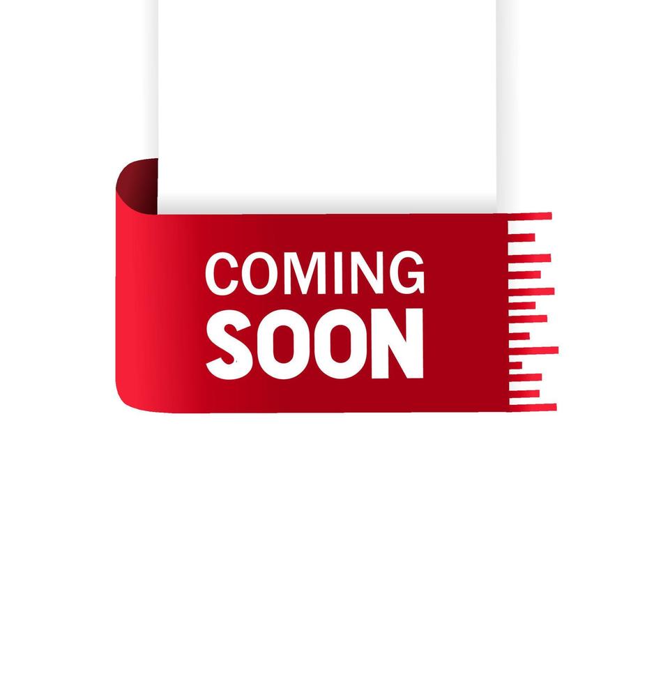 Coming soon red ribbon template. Web element. Flat vector on white background.
