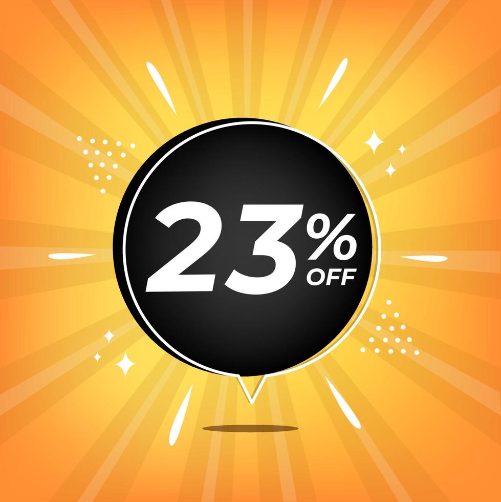 23 percent off. Yellow banner with twenty-three percent discount on a black balloon for mega big sales. vector