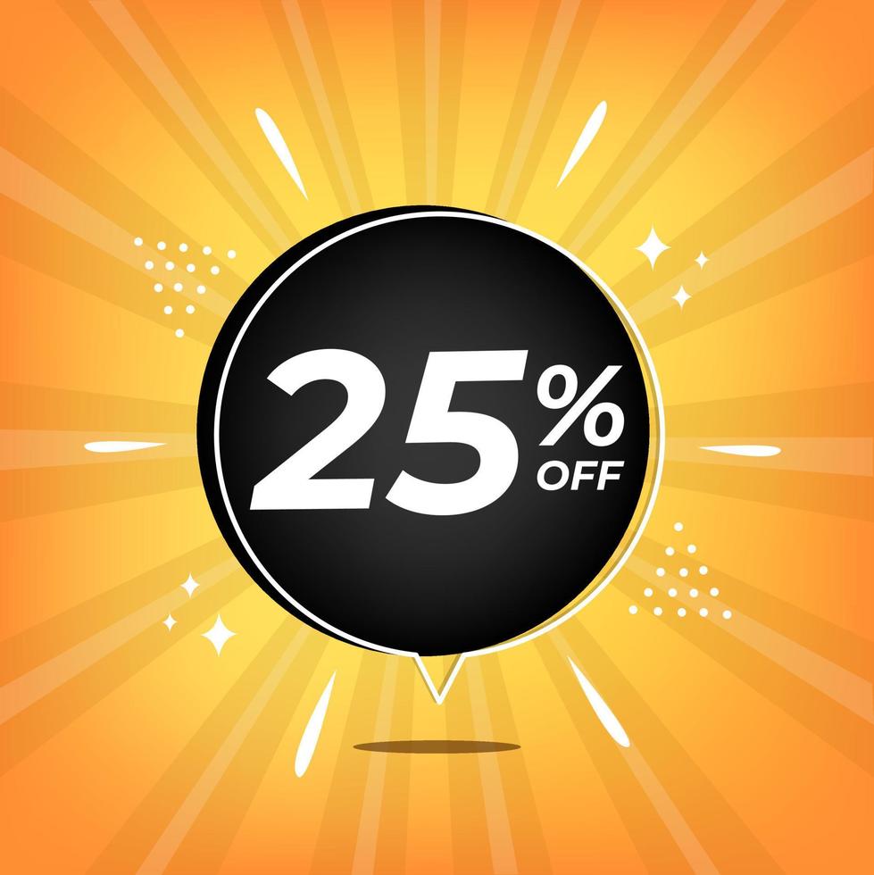 25 percent off. Yellow banner with twenty-five percent discount on a black balloon for mega big sales. vector