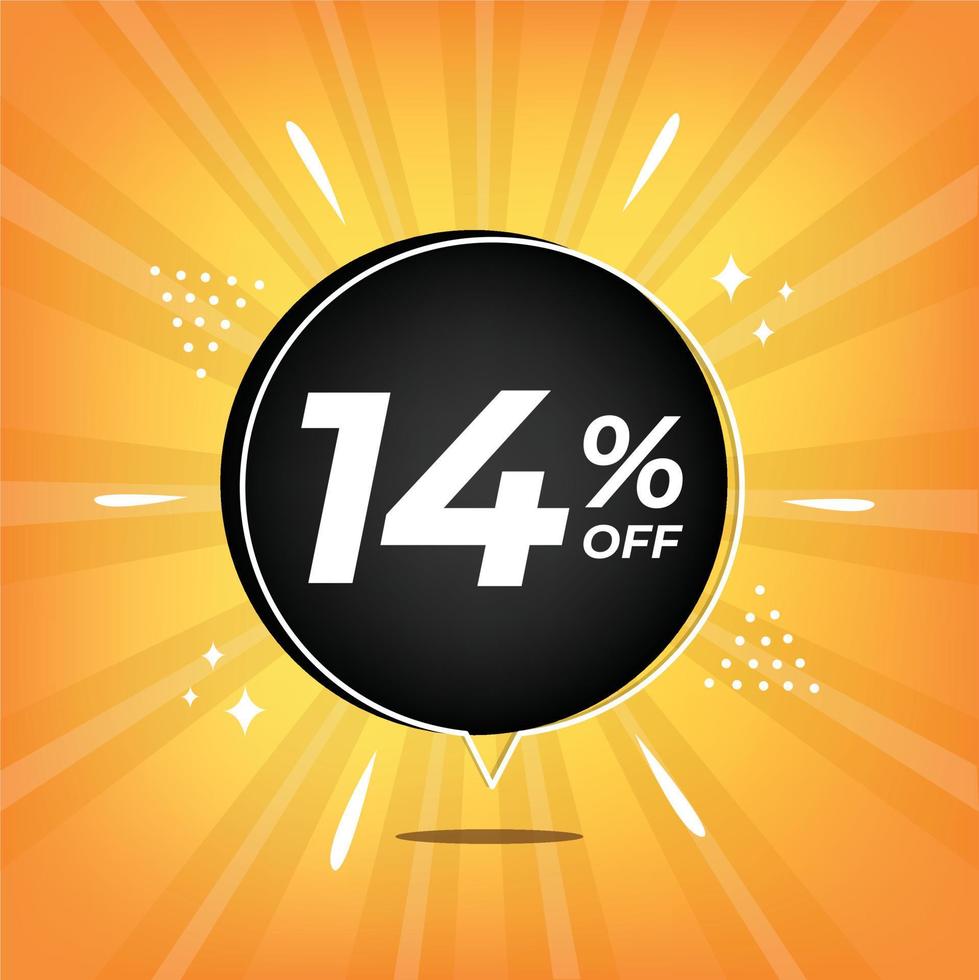 14 percent off. Yellow banner with fourteen percent discount on a black balloon for mega big sales. vector