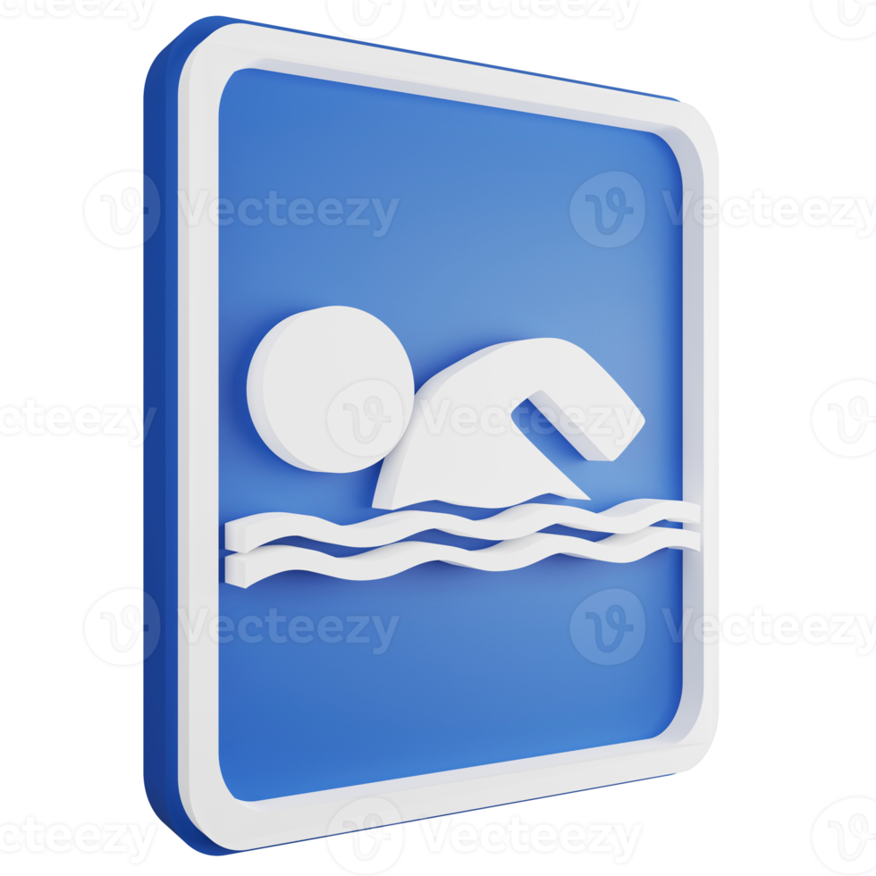 3D render swimming pool sign icon isolated on transparent background, blue informative sign png