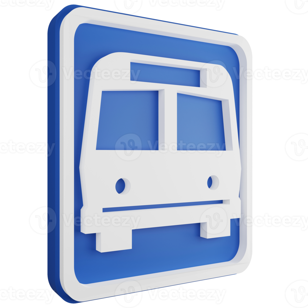 3D render bus stop sign icon isolated on transparent background, blue informative sign png