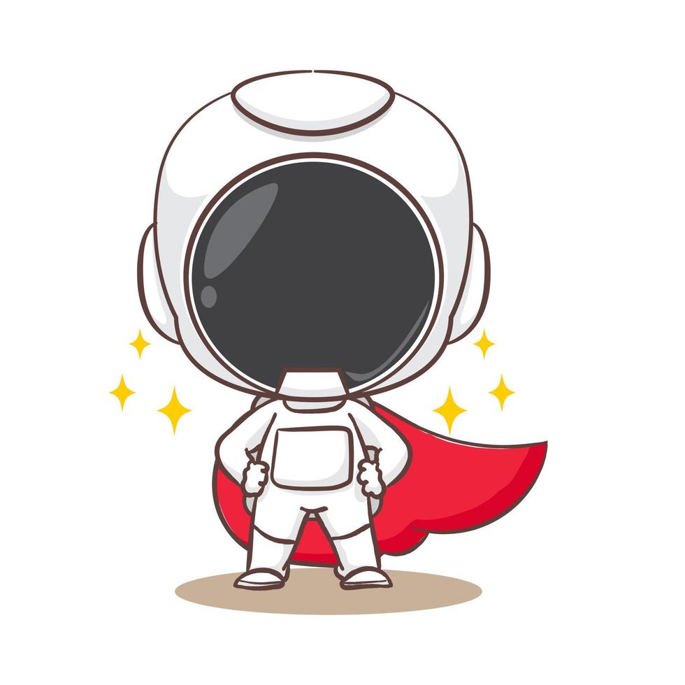 Cute astronaut as super hero with red cloak cartoon character. Space concept design. Hand drawn flat adorable chibi vector illustration. Isolated white background