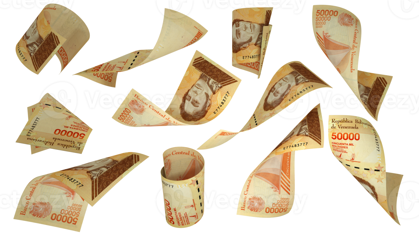 3d Rendern von einstellen von venezolanisch Bolivar Anmerkungen fliegend im anders Winkel und Orientierungen isoliert auf transparent Hintergrund png