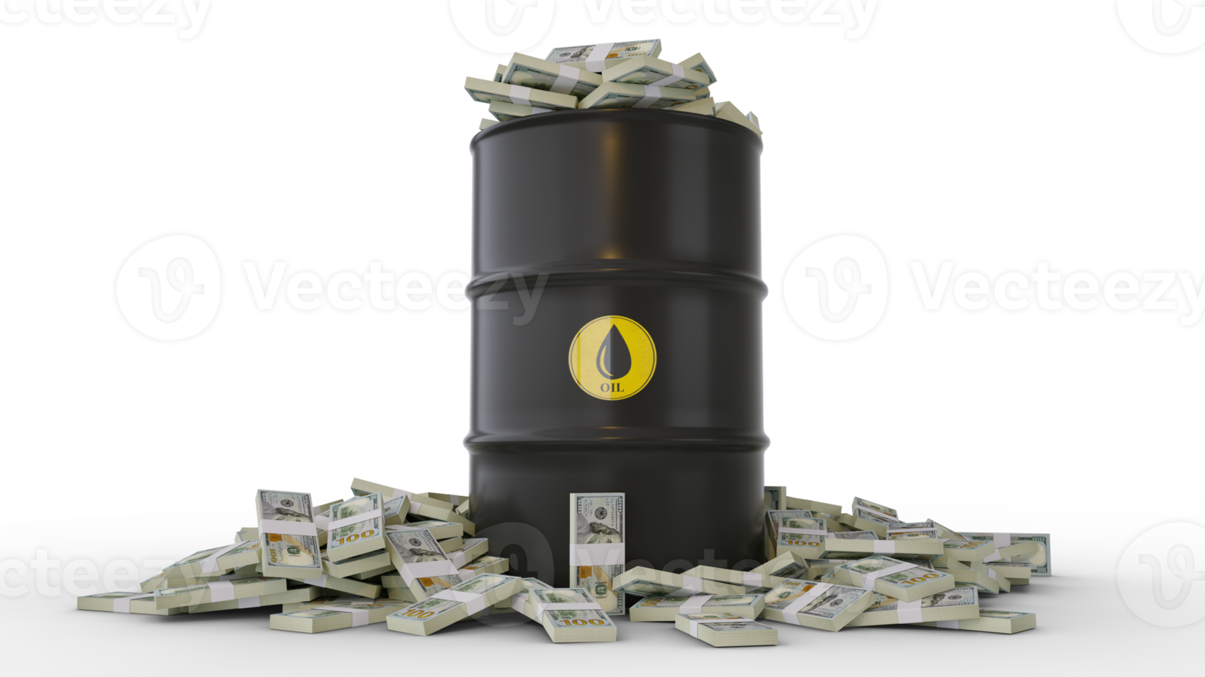 Stacks of US dollar notes inside black Oil Barrel isolated on transparent background. 3d rendering png