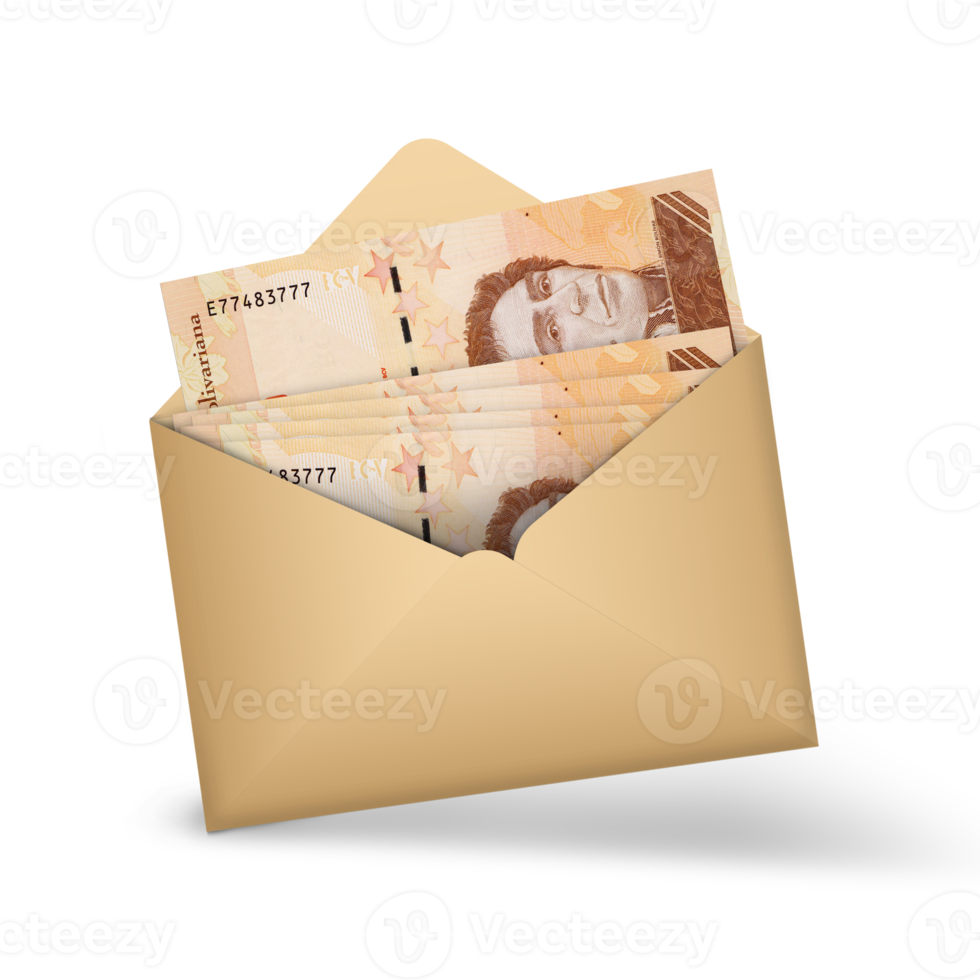 Venezuelan bolivar notes inside an open brown envelope. 3D illustration of money in an open envelope png