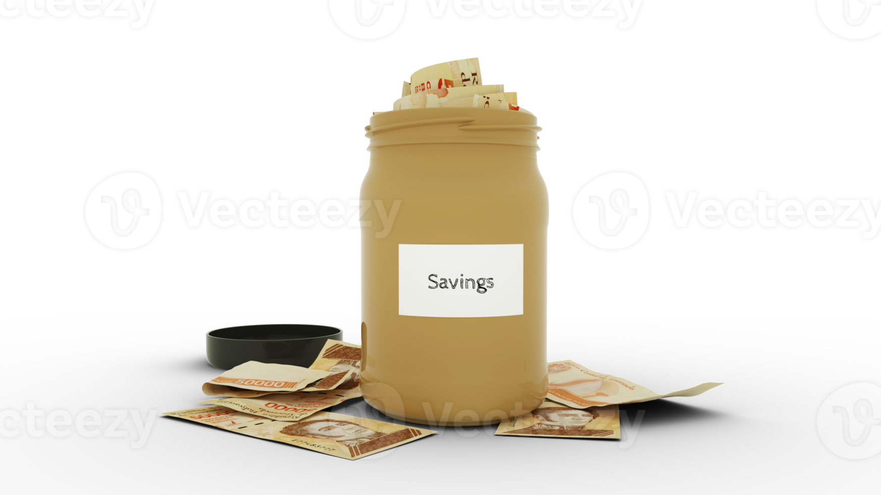 3D rendering of Venezuelan bolivar notes in savings container. container filled to the top with Venezuelan currency notes png