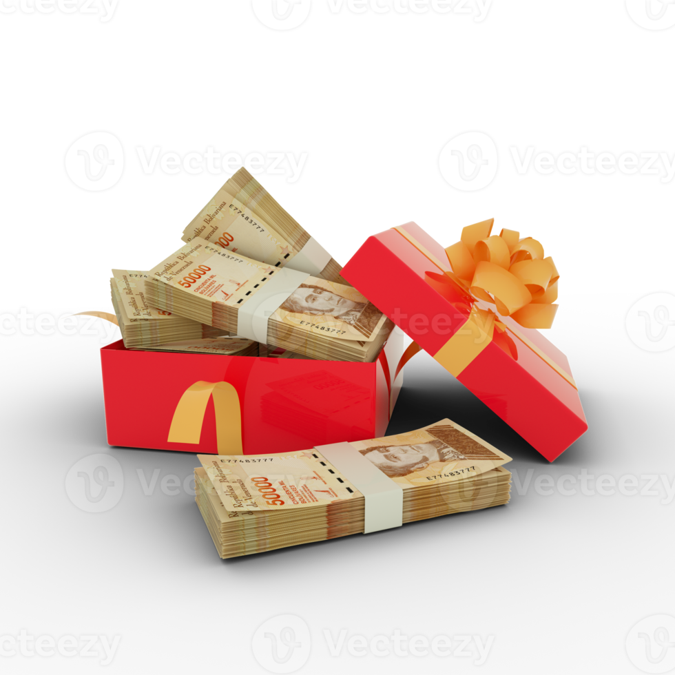 Stack of Venezuelan bolivar notes inside an open red gift box. Bundles of Venezuelan bolivar inside a gift box. 3d rendering of money inside box isolated on transparent background png