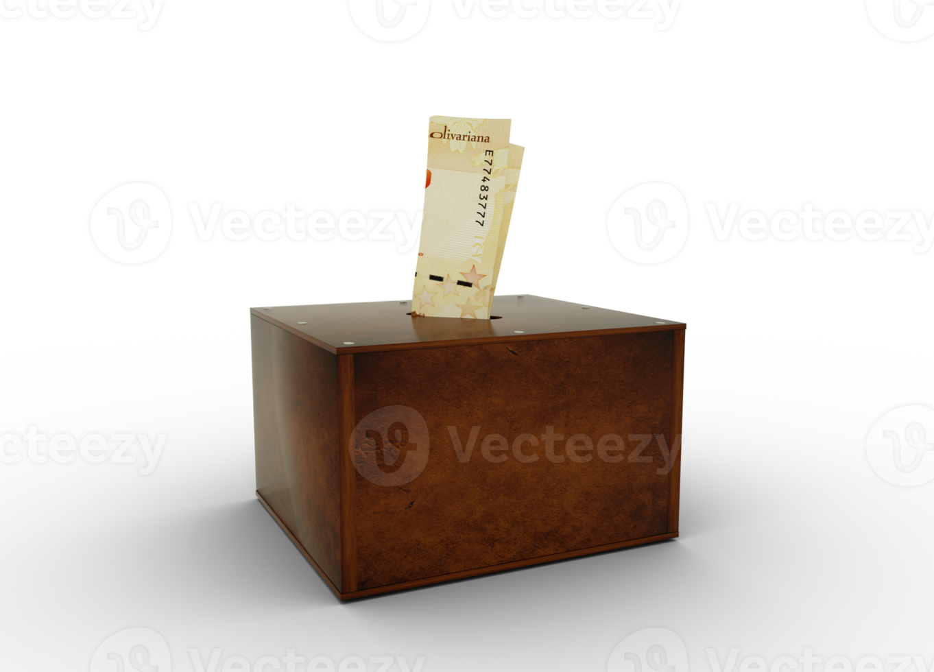 Venezuelan bolivar notes inside wooden savings box. Generic savings Bank, Penny Bank, Money Box. 3d rendering png