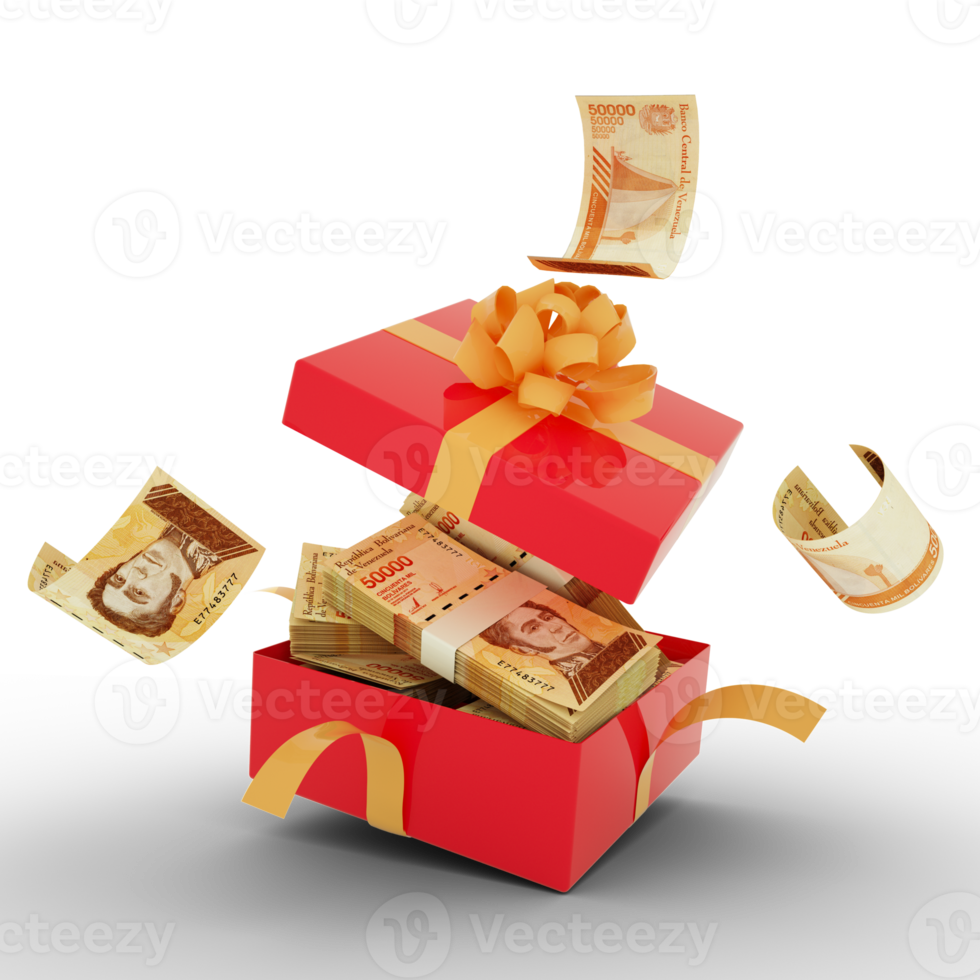 Venezuelan bolivar notes inside an open red gift box. Venezuelan bolivar inside and flying around a gift box. 3d rendering of money inside box isolated on transparent background png