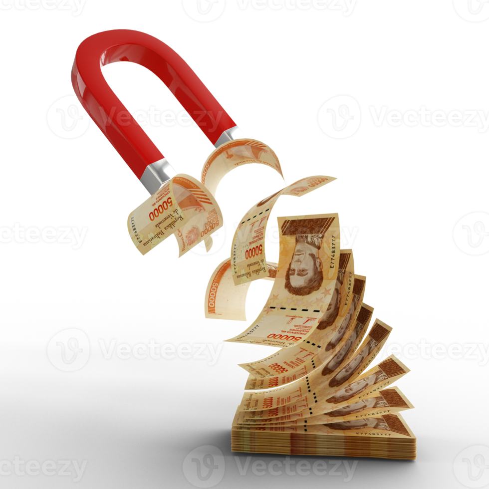 3D rendering of Horseshoe magnet attracting Venezuelan bolivar notes isolated on transparent background. Attracting money concept. Strategy for a successful business png