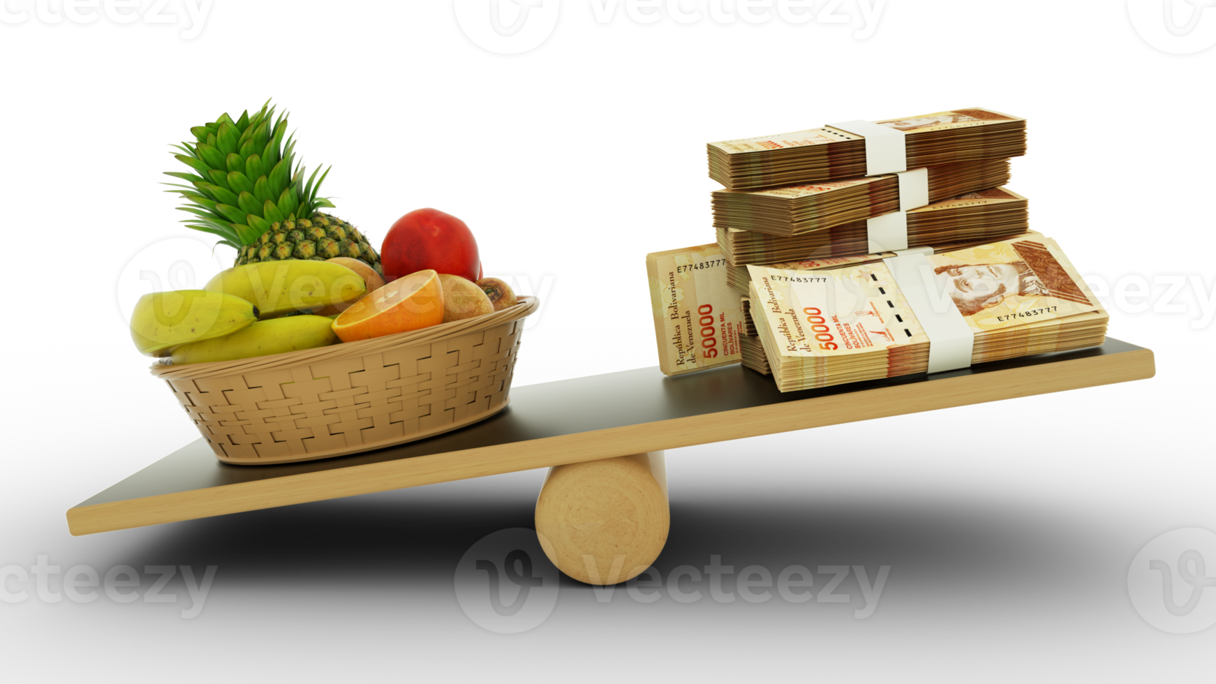Inflation in Venezuelan, Weighing Venezuelan currency against foodstuffs, high cost of living, 3d rendering png