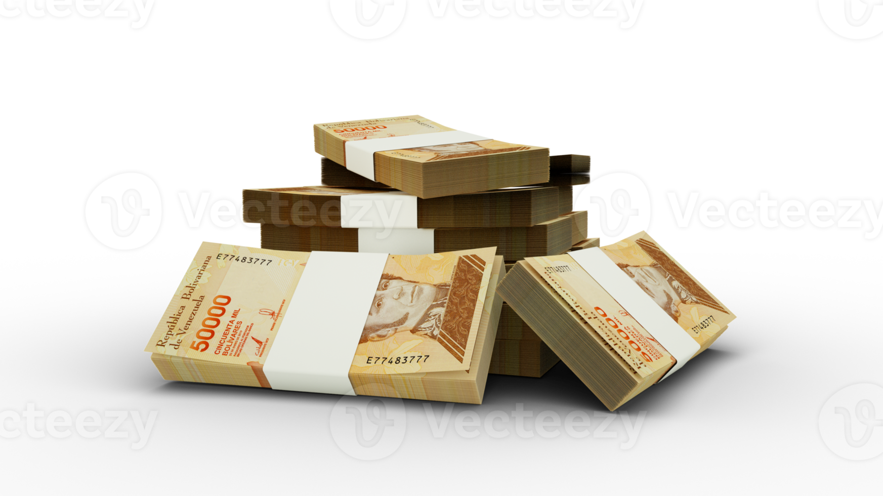 3d rendering of Stack of Venezuelan bolivar notes. bundles of Venezuelan currency notes isolated on transparent background png