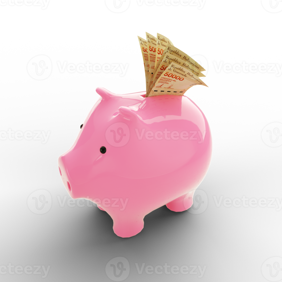 Venezuelan bolivar notes inside pink Piggy Bank, money in piggy bank, savings concept, 3d rendering png