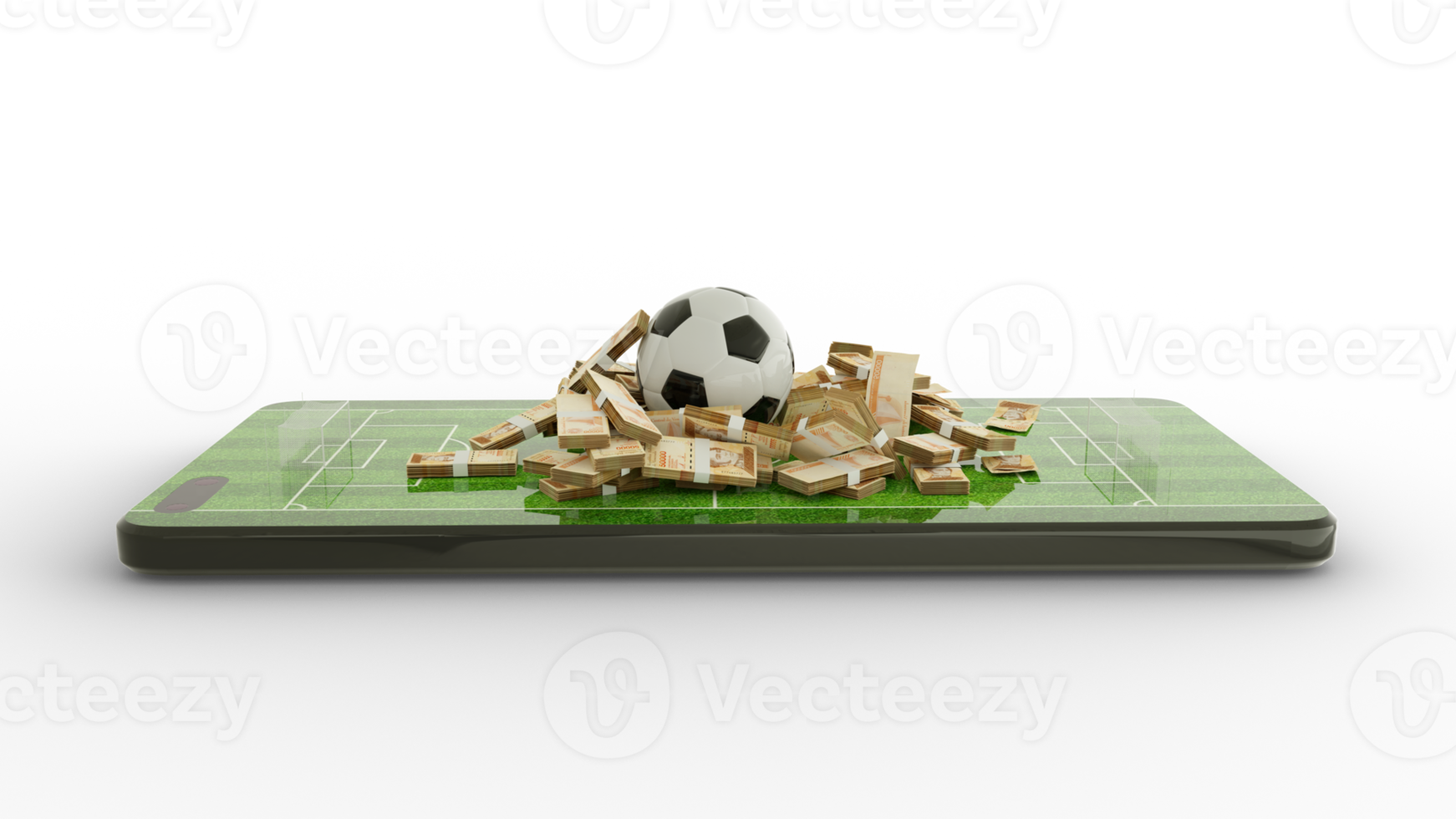 Soccer betting concept. Football and Venezuelan bolivar notes on phone screen. Soccer field on smartphone screen isolated on transparent background. bet and win concept. 3d png