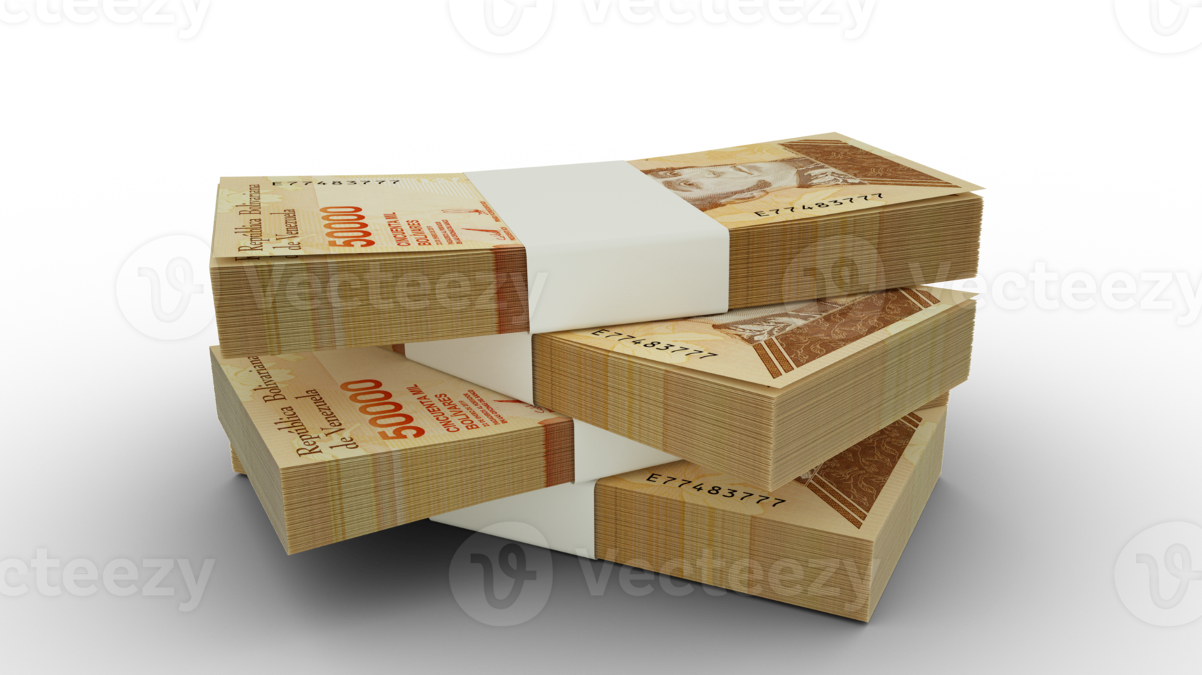 3d rendering of Stack of Venezuelan bolivar notes. Few bundles of Venezuelan currency isolated on transparent background png