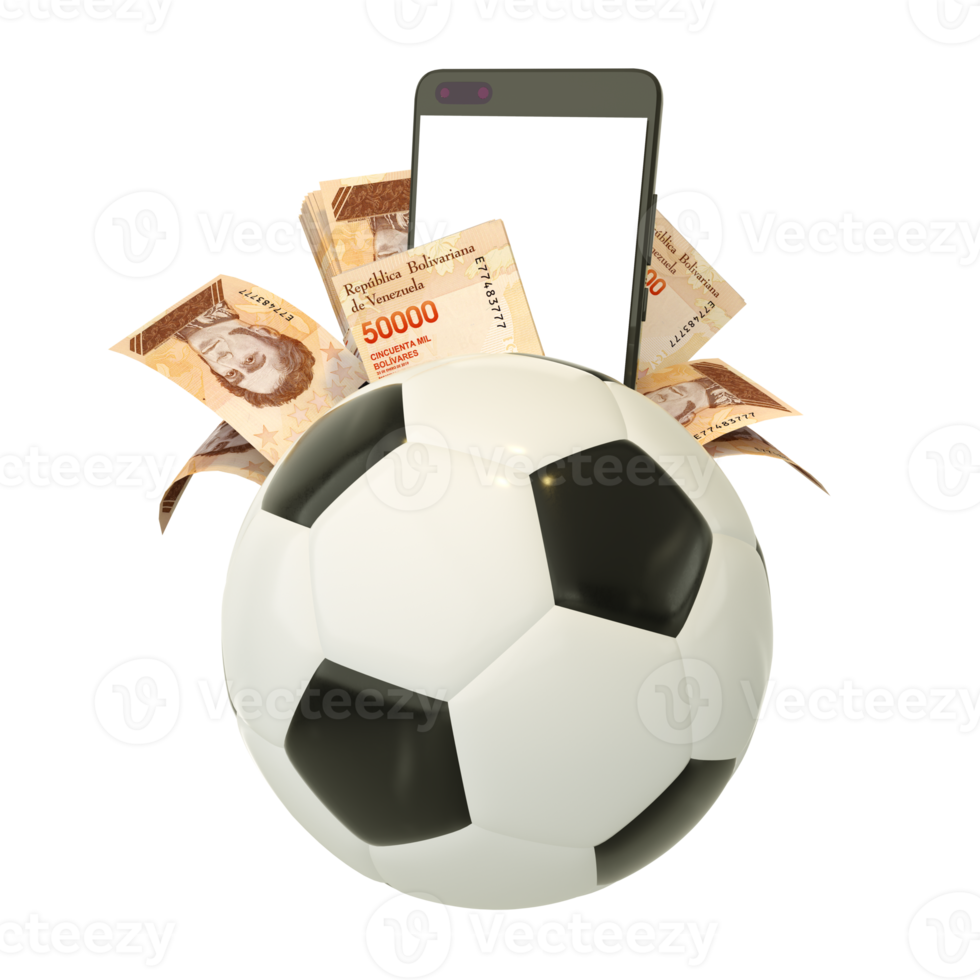3d rendering of Venezuelan bolivar notes and phone behind soccer ball. Sports betting, soccer betting concept isolated on transparent background. mockup png