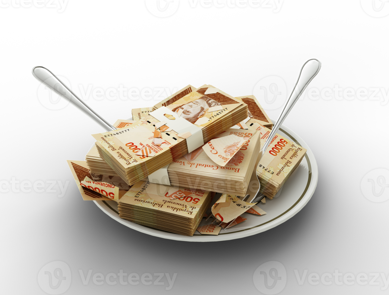 3D rendering of Venezuelan bolivar notes on plate. Money spent on food concept. Food expenses, expensive meal, spending money concept. eating money, misuse of money png