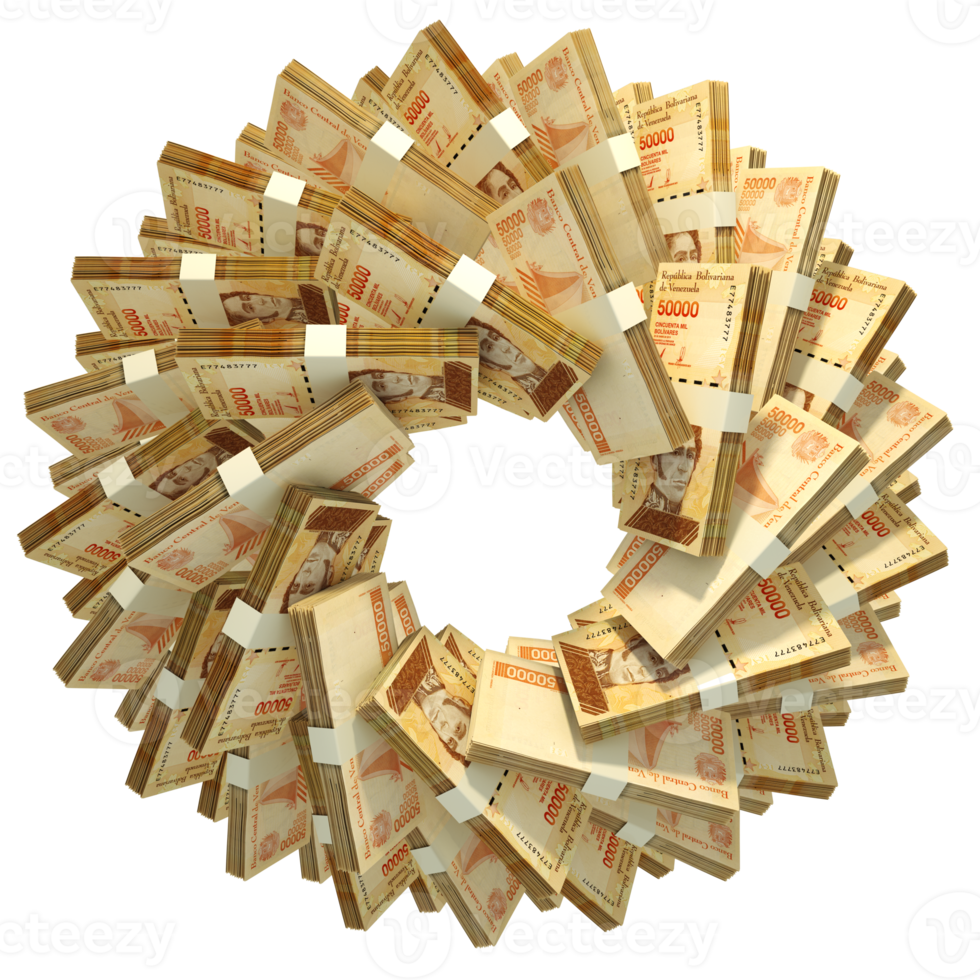 3d rendering of stacks of Venezuelan bolivars arranged in a circular pattern. png