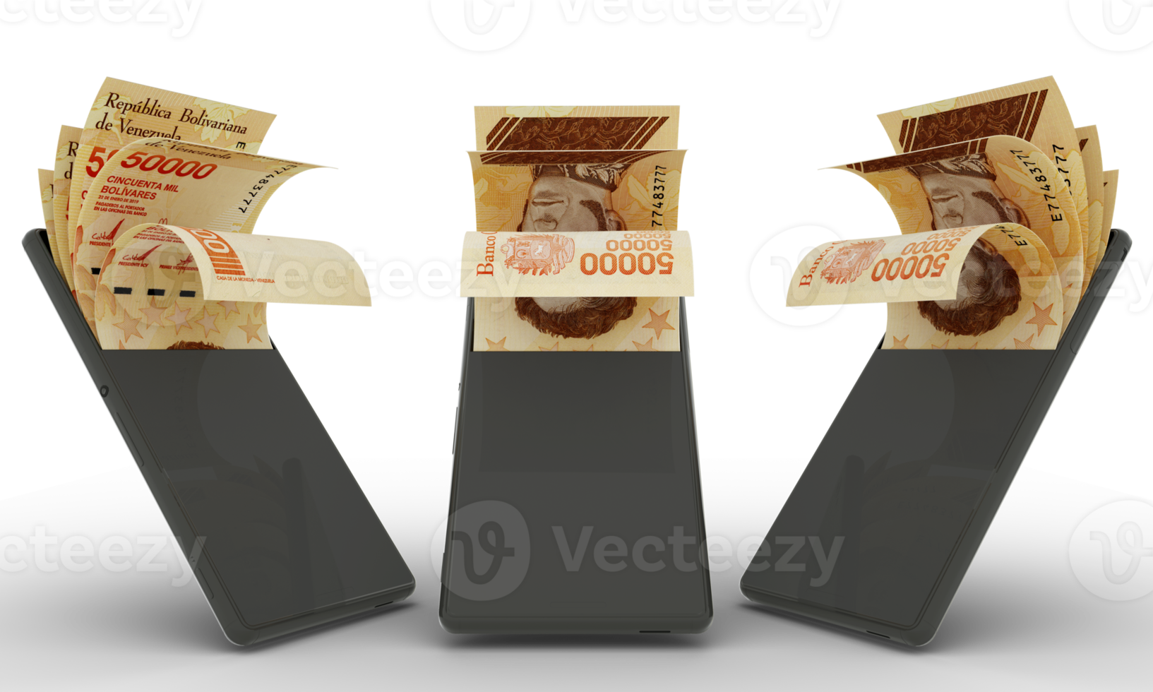 Venezuelan bolivar notes inside a mobile phone. money coming out of mobile phone. 3d rendering of set of mobile money transaction concepts. money from Phone png