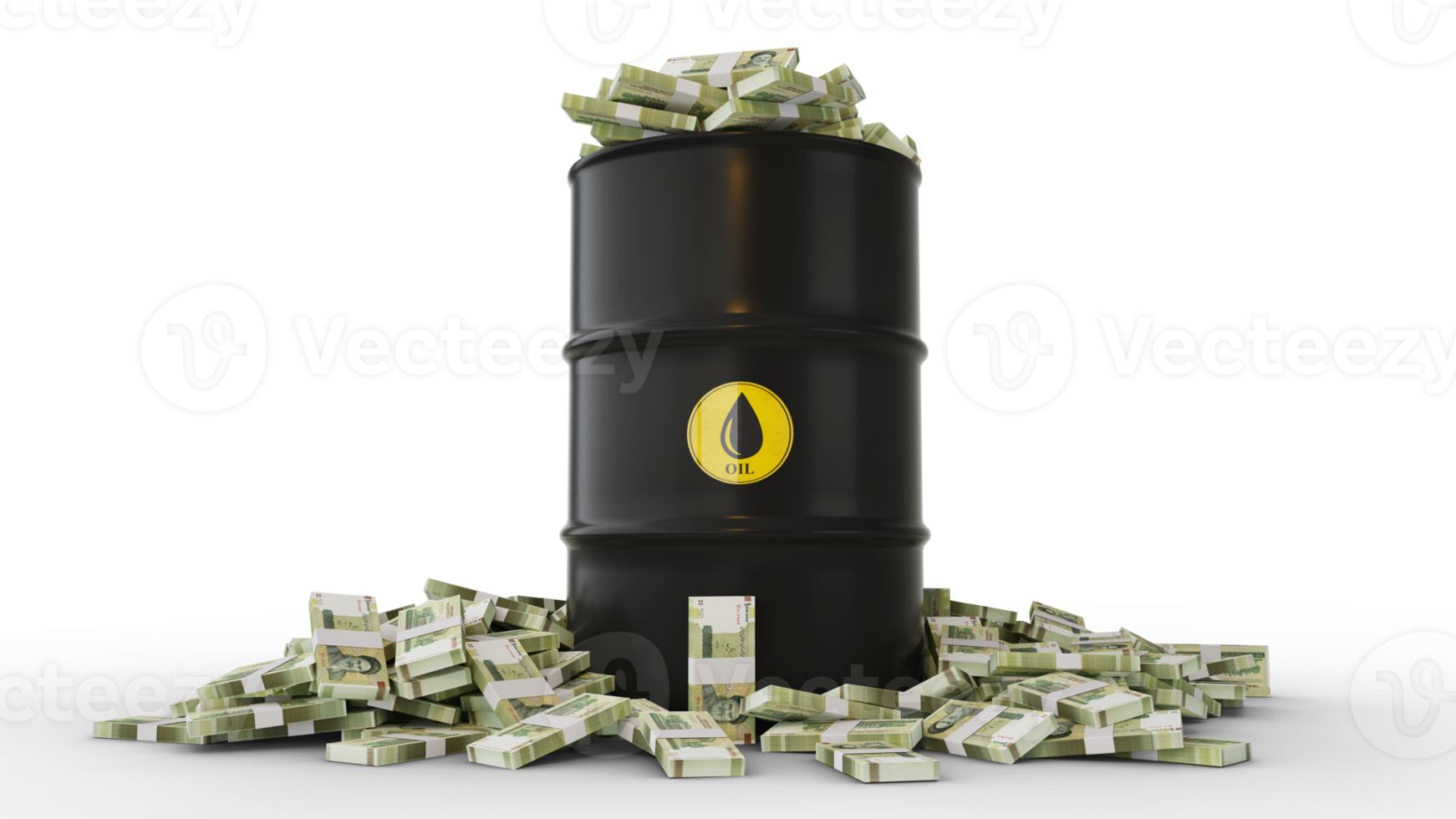 Stacks of Iranian Rial notes inside black Oil Barrel isolated on transparent background. 3d rendering png