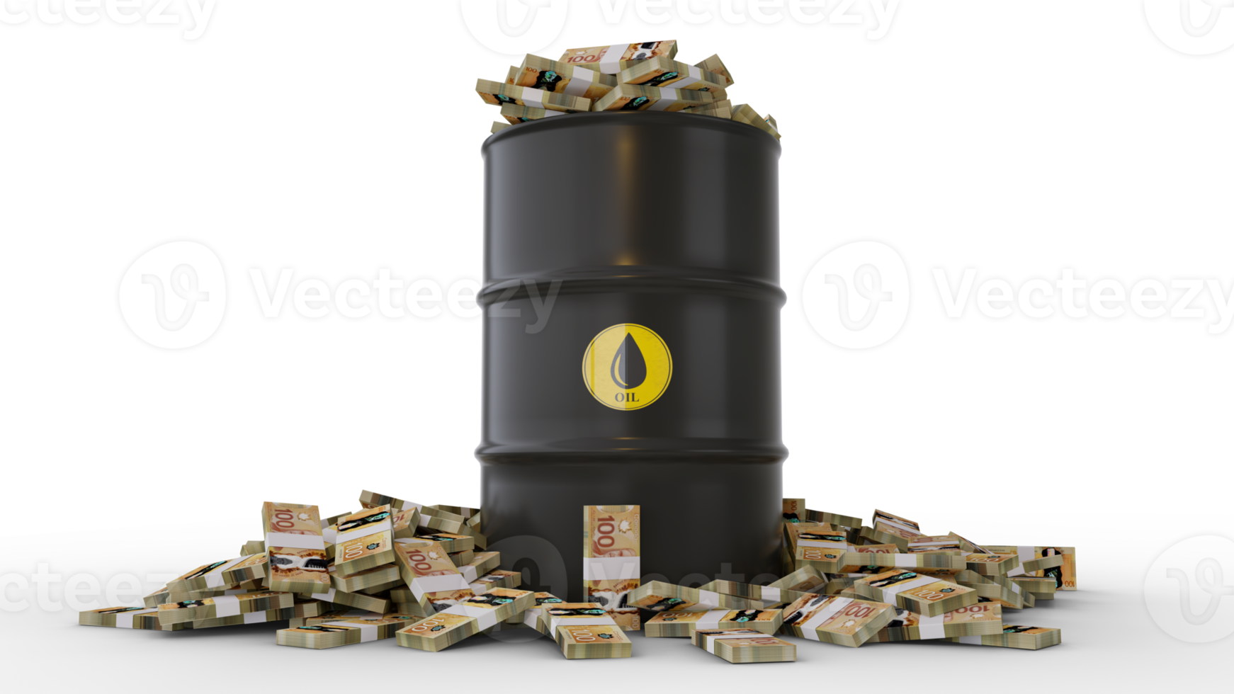 Stacks of Canadian dollar notes inside black Oil Barrel isolated on transparent background. 3d rendering png