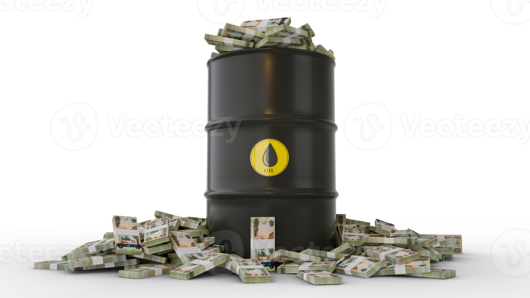 Stacks of United Arab Emirates dirham notes inside black Oil Barrel isolated on transparent background. 3d rendering png