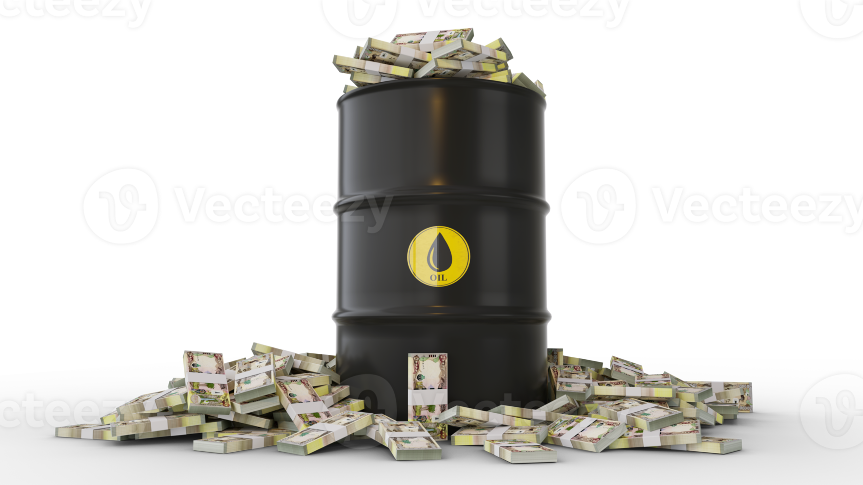 Stacks of Iraqi Dinar notes inside black Oil Barrel isolated on transparent background. 3d rendering png