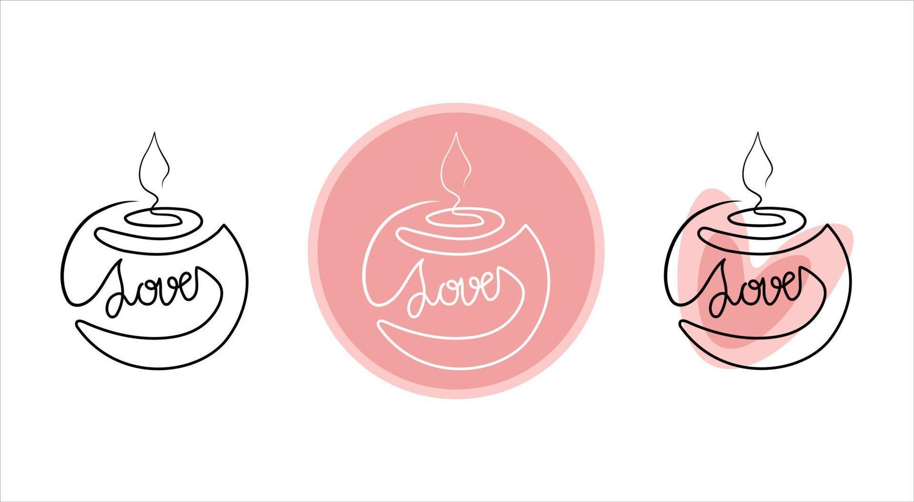 Set of minimalistic continuous line burning aroma and spa candle with LOVE label for the logo in various designs. Candle in one line style. vector