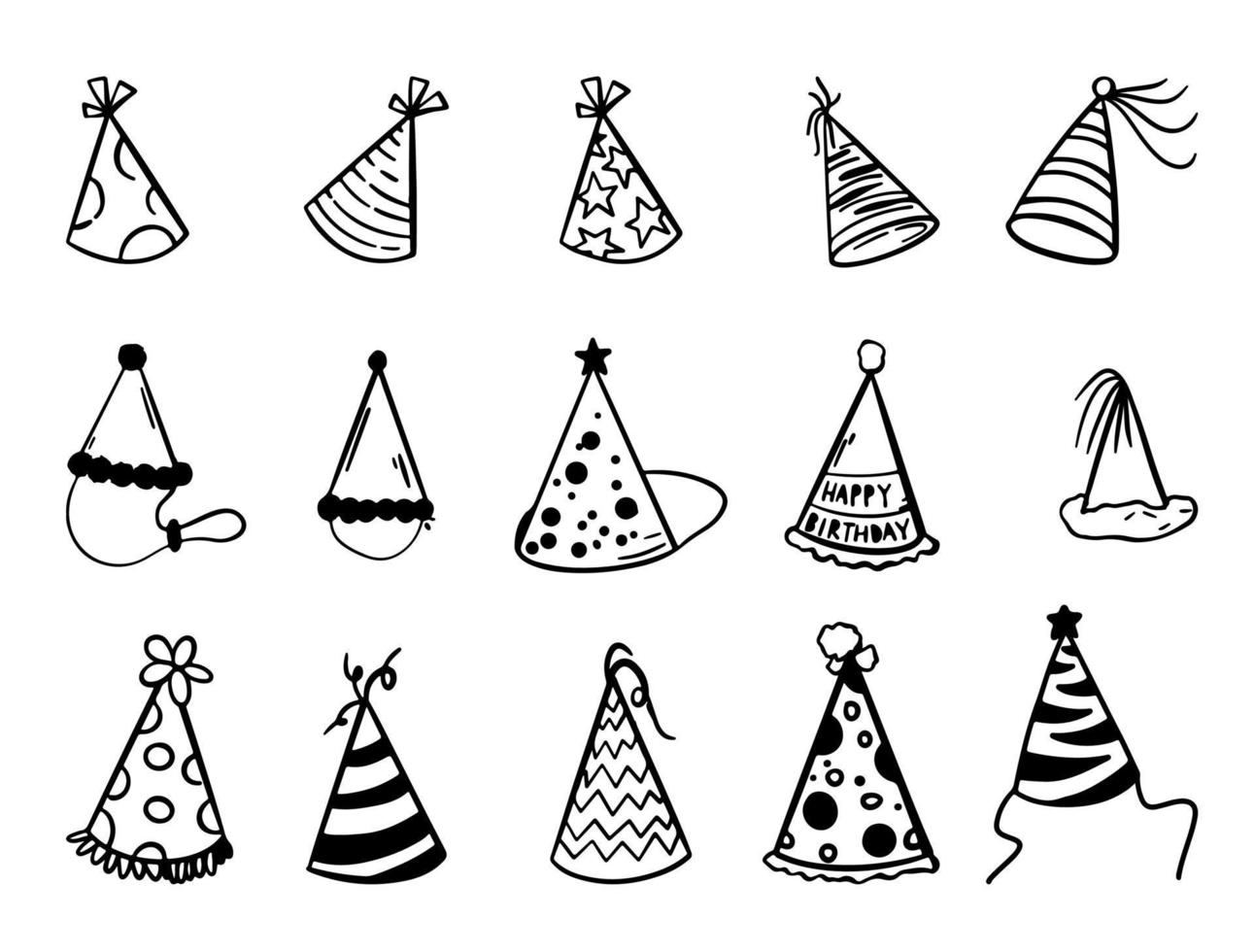 Hand Drawn Birthday Party Hat Outline Vector Set