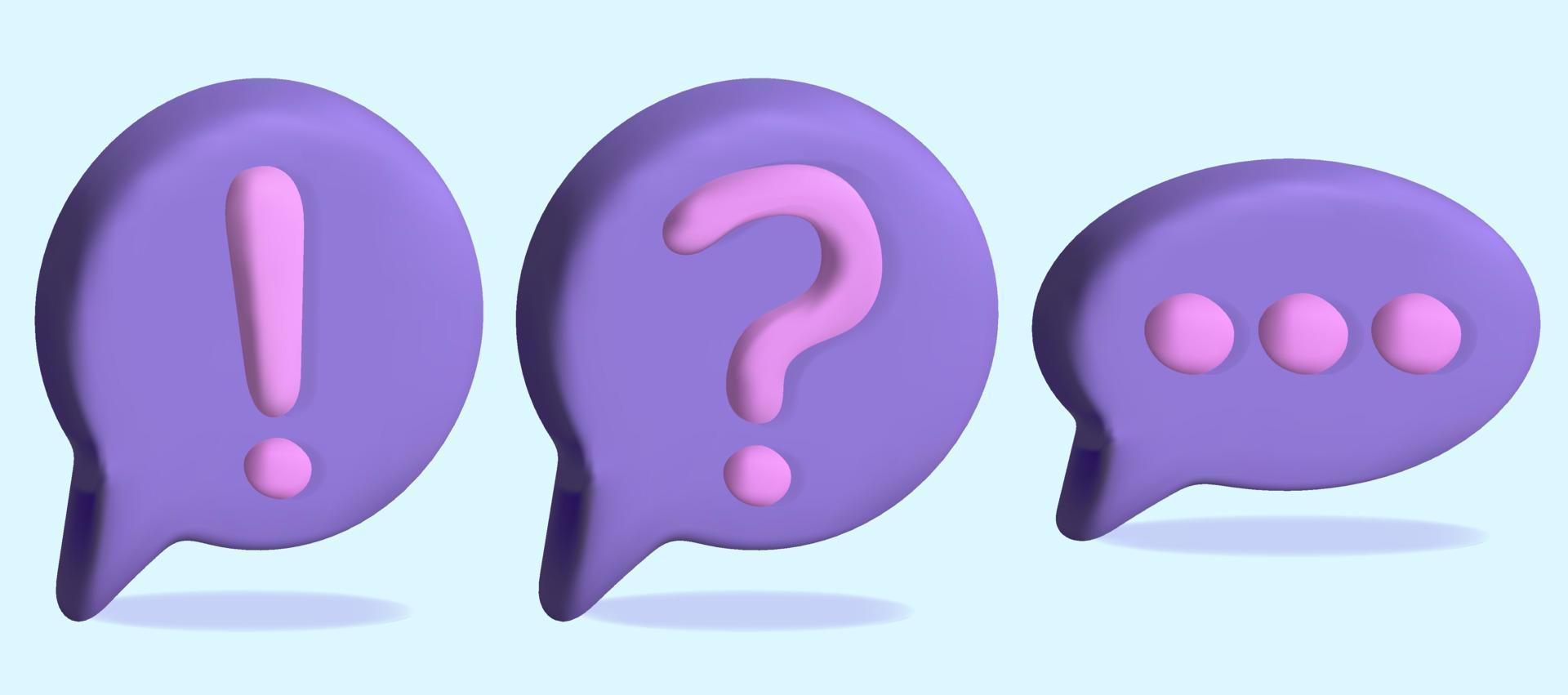 Question mark 3d vector icon. Exclamation purple and dots Mark. Set of 3d Speech bubble.