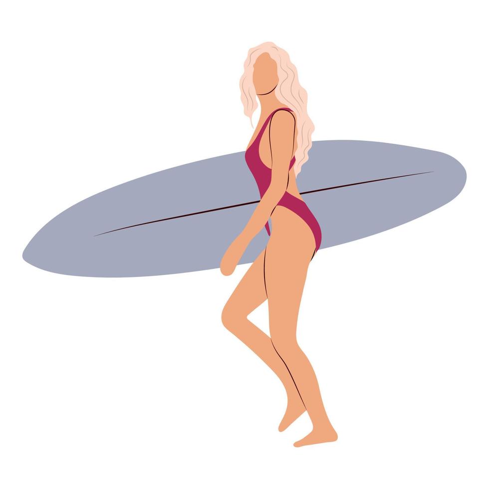 Surf girl minimalist . Flat style digital art. Young woman with surfboard in full growth vector