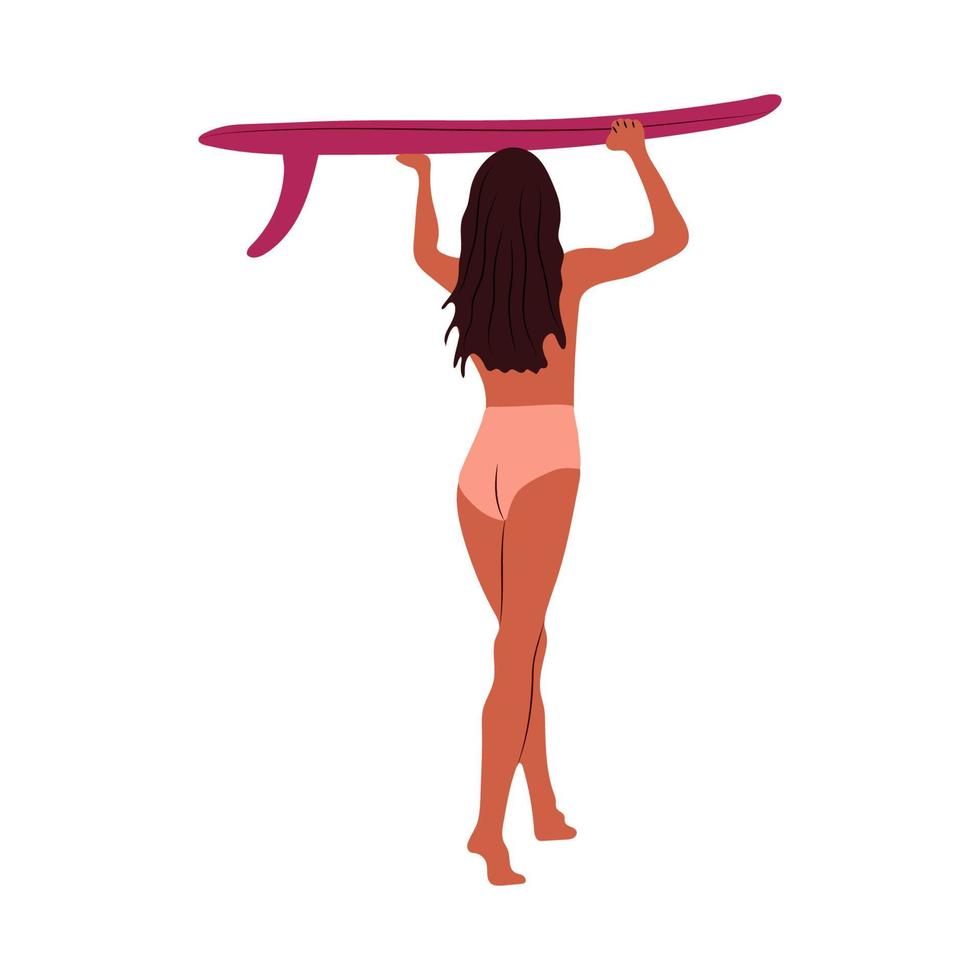 navegar niña minimalista . plano estilo digital Arte. joven mujer con tabla de surf en lleno crecimiento vector