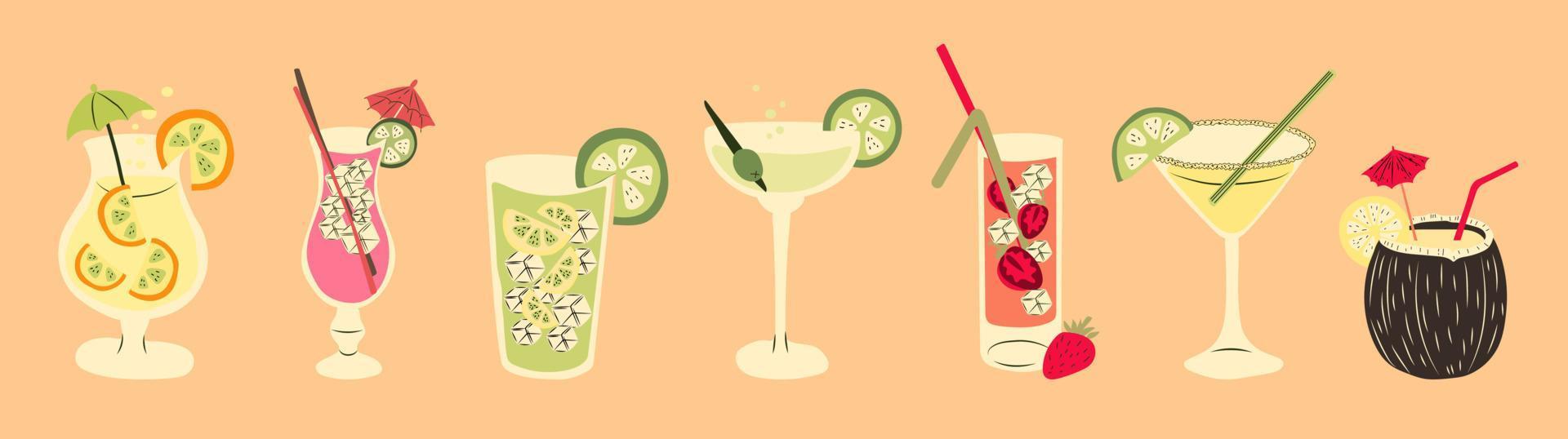 Set of Summer cocktails . Colorful soft drink with fruits and ice cubes. Banner for bar or restaurant. Vector illustration