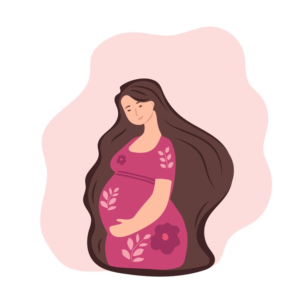 Portrait of beautiful young pregnant woman. Concept of pregnancy and motherhood. Flat vector illustration.