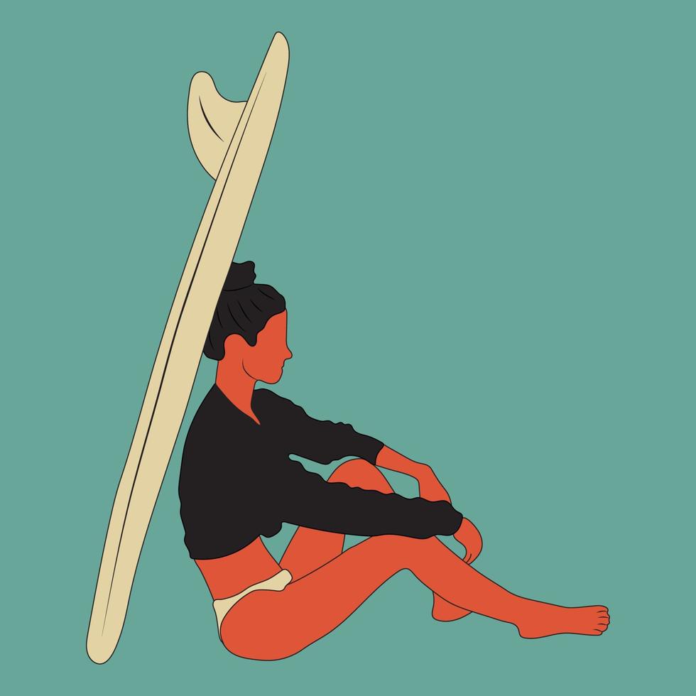 Surf girl minimalist vector illustration. Flat style digital art. Young woman with surfboard in full growth