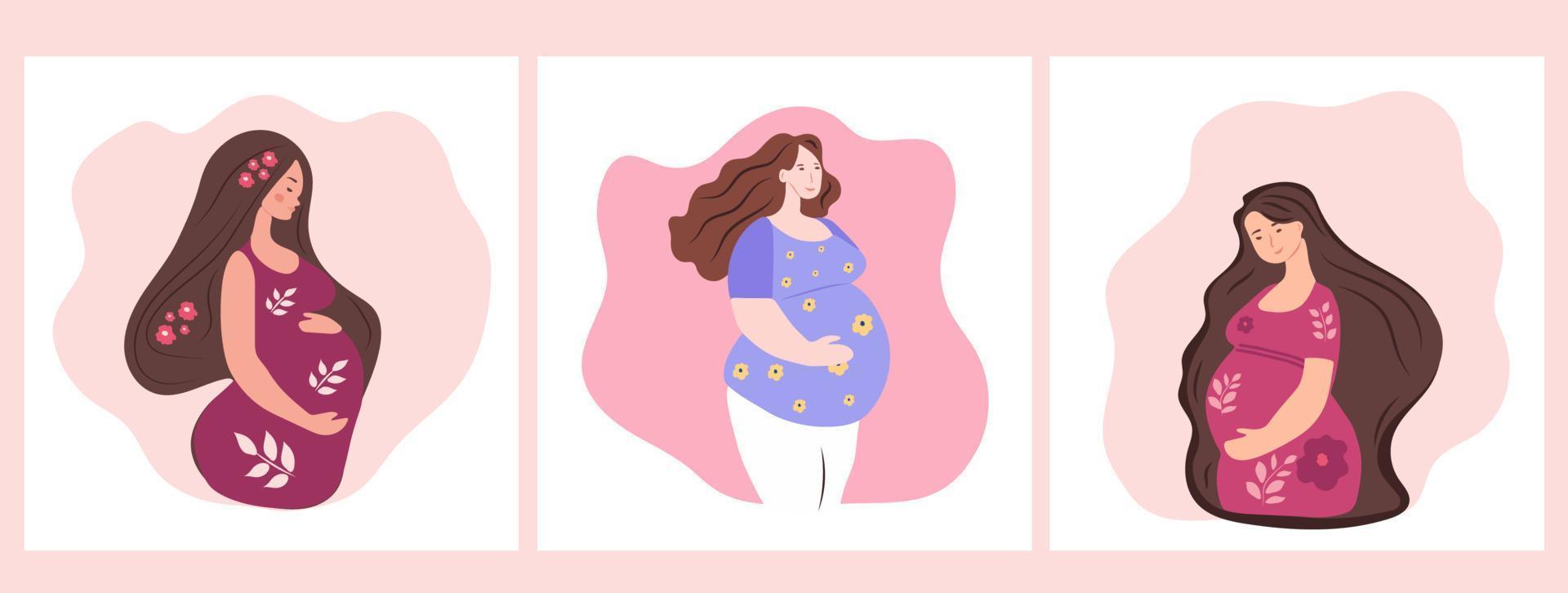 Set of three Portrait of beautiful young pregnant women. Concept of pregnancy and motherhood. Flat vector illustration.