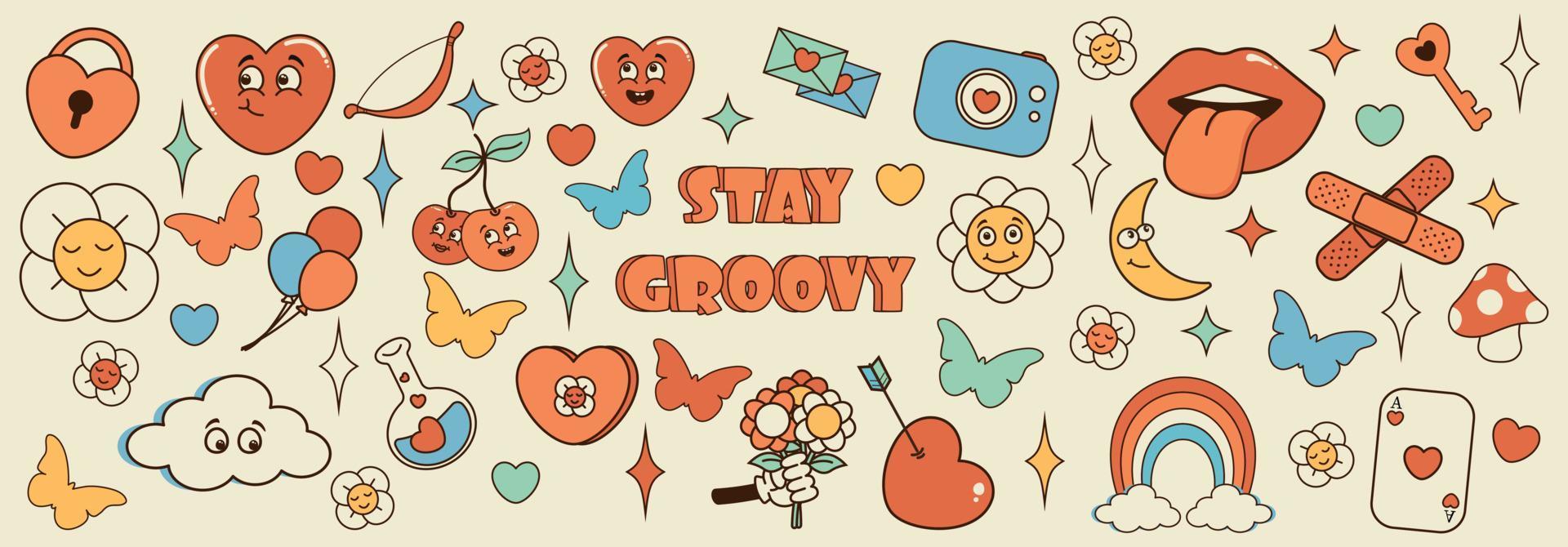 Groovy 70s love hippie set. Funny cartoon heart, rainbow, flower, camera, mushroom, chamomile, arrow, bow.Set of stickers in trendy retro psychedelic cartoon style. vector