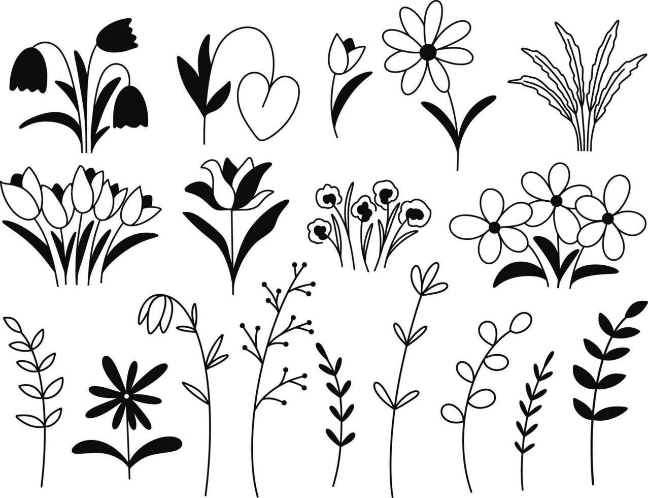 flores y hierbas tinta conjunto vector