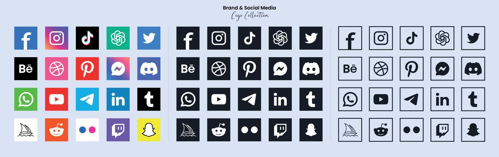 Popular social network symbols, social media logo icons collection, instagram, facebook, twitter, youtube, chatgpt, midjourney, disccord and etc. social media icons vector