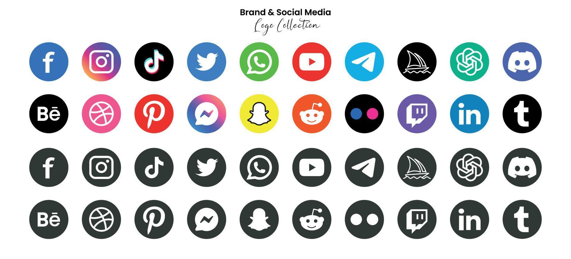 Popular social network symbols, social media logo icons collection, instagram, facebook, twitter, youtube, chatgpt, midjourney, disccord and etc. social media icons vector