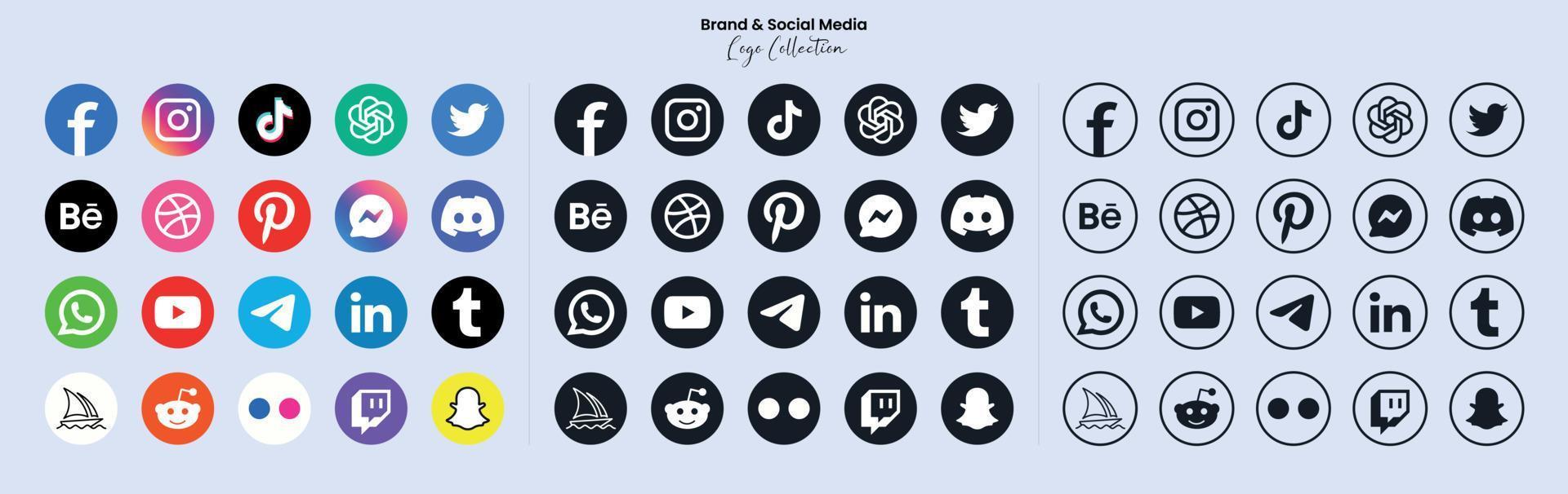 Popular social network symbols, social media logo icons collection, instagram, facebook, twitter, youtube, chatgpt, midjourney, disccord and etc. social media icons vector