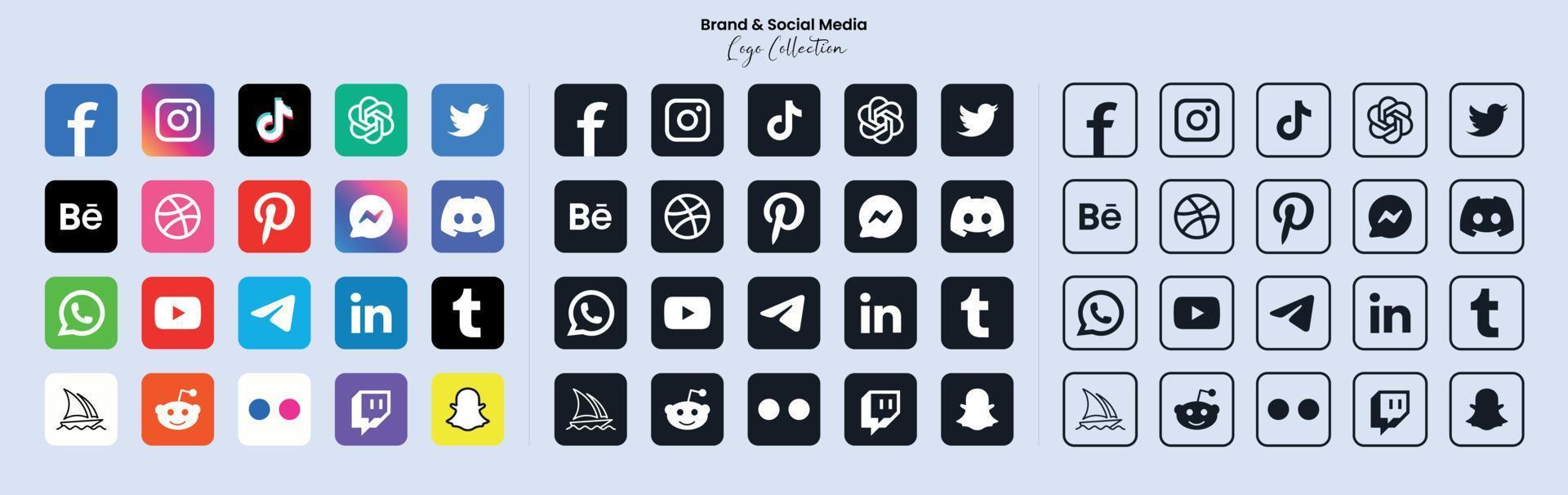 Popular social network symbols, social media logo icons collection, instagram, facebook, twitter, youtube, chatgpt, midjourney, disccord and etc. social media icons vector