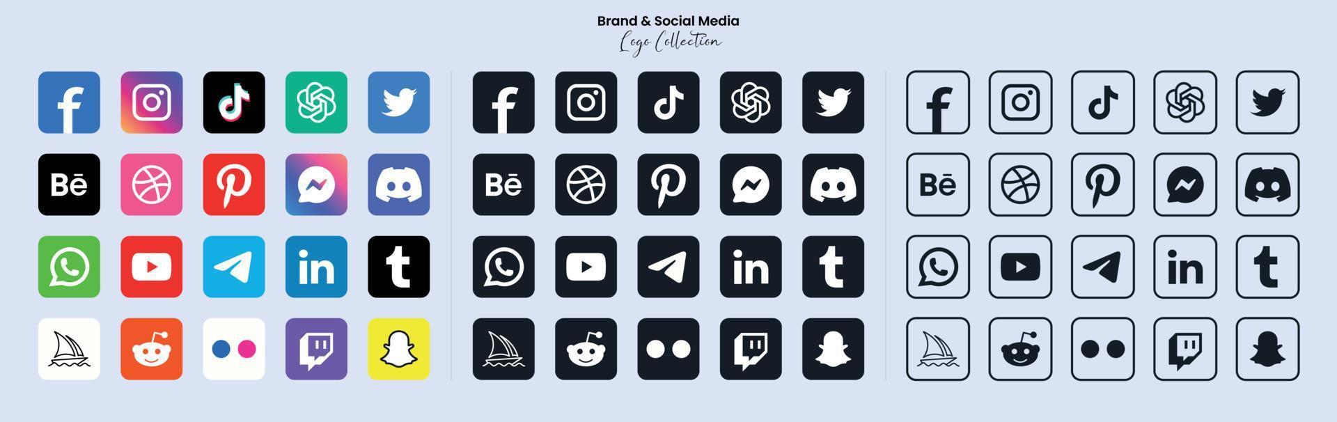 Popular social network symbols, social media logo icons collection, instagram, facebook, twitter, youtube, chatgpt, midjourney, disccord and etc. social media icons vector